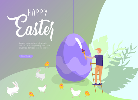 Easter landing page template with cartoon characters people paint painted eggs, cake, chicken and rabbit. Vector Illustration celebration Spring holiday designのイラスト素材