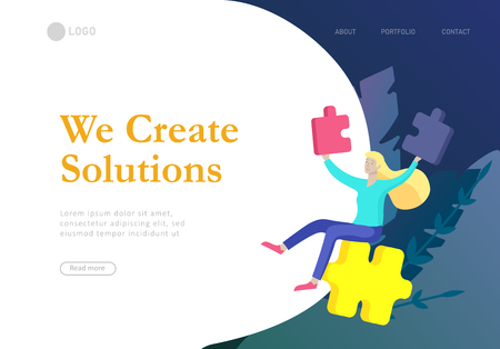 Landing page templates. Vector character business people with infographic of puzzle have solution. Goal thinking. Cooperation by group to create a team. Concept for web design Colorful flat concept illustration.のイラスト素材