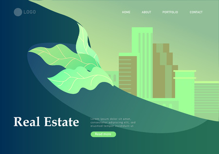 Real Estate Landing Page template. Investment in Property, happy people buying or renting Apartments, house. Online Booking, rent discounts, succes deal. Vector illustration with cartoon peopleのイラスト素材