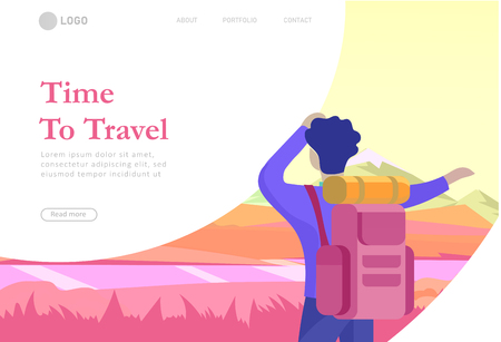 landing page template. People characters woman for hiking and trekking, holiday travel vector, hiker and tourism illustration. Happy Tourists travelling. Vector cartoon style illustrationのイラスト素材