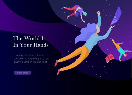 landing page template. Inspired People flying. Create your own spase. Character moving and floating in dreams, imagination and freedom inspiration design work. Flat design styleのイラスト素材