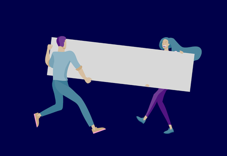 Business people moving, dancing and holding blank banner and stand. People taking part in parade or rally. Male and female protesters or activists. Modern vector illustration flat concepts characterのイラスト素材