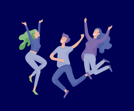 Jumping character in various poses. Group of young joyful laughing people jumping with raised hands. Happy positive young men and women rejoicing together, happiness, freedom, motion people concept.のイラスト素材