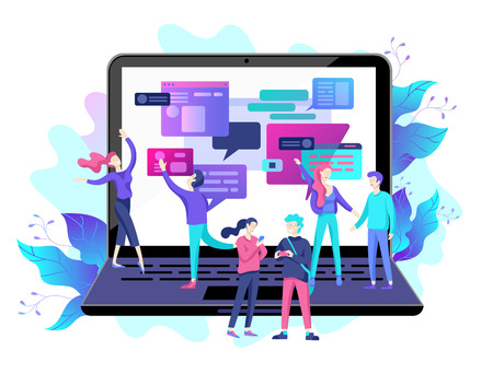 Concept Landing page template, flat style, businessmen discuss social network, news, social networks, chat, dialogue speech bubbles, new projectsのイラスト素材