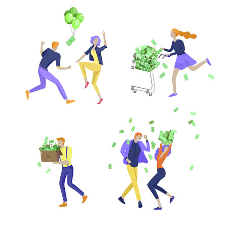 Happy people characters in move celebrating victory. Business team standing under money rain, run with profit, catch bills. Cartoon style, flat vector illustrationのイラスト素材