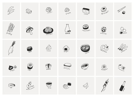 Collection of the different japanese food. Hand drawn line art set of the food iconsのイラスト素材