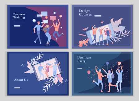 landing page templates set with team People moving. Business invitation and corporate party, design training courses, about us, expert team, happy teamwork. Flat characters design illustrationのイラスト素材