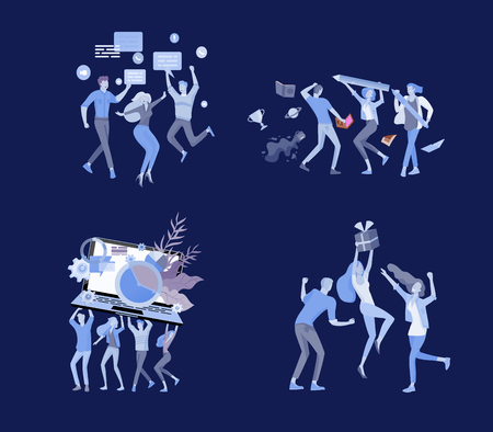 Team People moving. Business invitation and corporate party, design training courses, about us, expert team, happy teamwork. Flat characters design illustrationのイラスト素材
