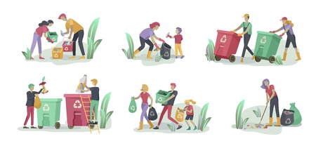 people and children Recycle Sort organic Garbage in different container for Separation to Reduce Environment Pollution. Family with kids collect garbage. Environmental day vector cartoon illustrationのイラスト素材
