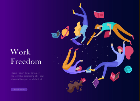landing page template. Inspired People flying. Create your own spase. Character moving and floating in dreams, imagination and freedom inspiration design work. Flat design styleのイラスト素材