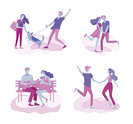 Happy Lover Relationship, scenes with romantic couple kissing, hugging, riding bicycle, walking, playing tennis, guitar, doing yoga, dansing. Characters Valentine day Set. Colorful vector illustrationのイラスト素材