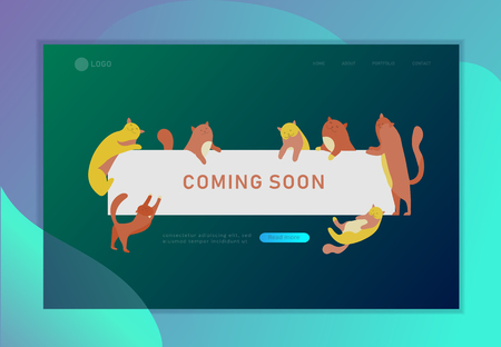 Landing page template with Cute cats holding blank banner with coming soon message. Happy cute kitten. Cartoon style vector illustrationのイラスト素材