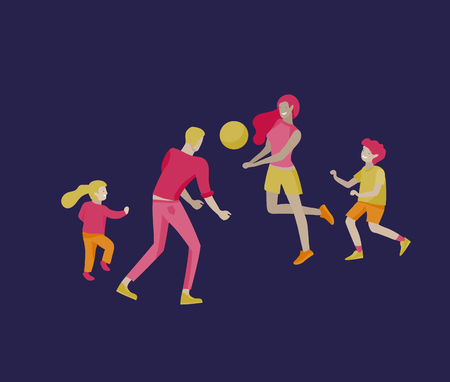 Collection of family hobby activities. Mother, father and children play ball together. Cartoon vector illustrationのイラスト素材