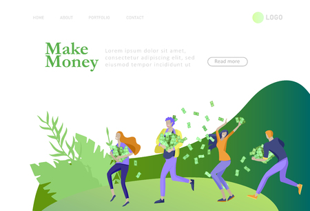 Landing page template Happy people with money, characters in move make money. Business investment, money rain, men and woman run with profit, catch bills. Cartoon style, flat vector illustrationのイラスト素材