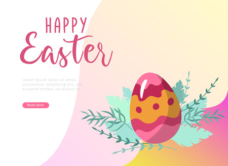 Easter landing page template with cartoon painted eggs and floral elements Vector Illustration Spring holiday celebration design.のイラスト素材