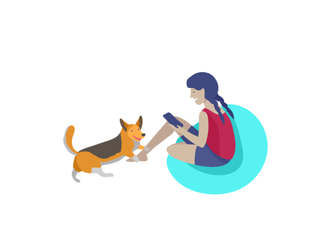 Vector illustration set of children with cats and dog. Happy, funny kids playing, love and taking care of kittens, pet animals in flat cartoon style.のイラスト素材