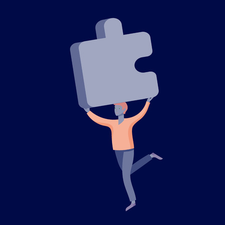 Vector character business people with infographic of puzzle have solution. Goal thinking. Cooperation by group to create a team. Concept for web design Colorful flat concept illustration.のイラスト素材