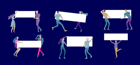 Business people moving, dancing and holding blank banner and stand. People taking part in parade or rally. Male and female protesters or activists. Modern vector illustration flat concepts characterのイラスト素材