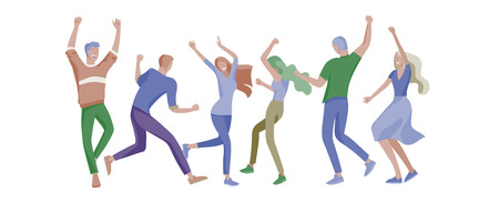 Jumping character in various poses. Group of young joyful laughing people jumping with raised hands. Happy positive young men and women rejoicing together, happiness, freedom, motion people concept.のイラスト素材