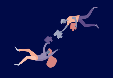 Vector character business people with infographic of puzzle have solution. Goal thinking. Cooperation by group to create a team. Concept for web design Colorful flat concept illustration.のイラスト素材