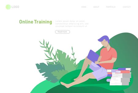 Set of web page design templates with relaxed learning people outdoor for online education, training and courses.のイラスト素材