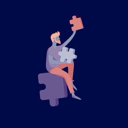 Vector character business people with infographic of puzzle have solution. Goal thinking. Cooperation by group to create a team. Concept for web design Colorful flat concept illustration.のイラスト素材