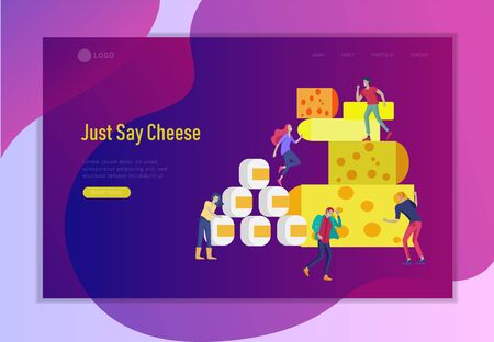 Landing page template with little jumping happy people and Cheese Packaging. Different types of cheese. Organic Milk Food Making Concept. Dairy Production. Flat Cartoon Vector Illustrationのイラスト素材