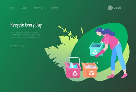 Landing page template with people Recycle Sort Garbage in different container for Separation to Reduce Environment Pollution.のイラスト素材