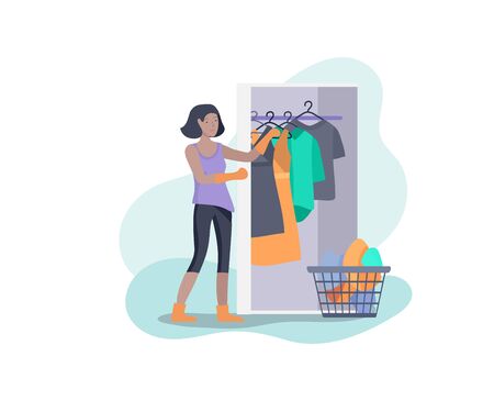 Scene with the girl doing housework, children helping their parents clean the house, washing clothes and putting things in the wardrobe or closet. Vector illustration of cartoon style.のイラスト素材