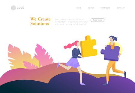Landing page templates. Vector character business people with infographic of puzzle have solution. Goal thinking. Cooperation by group to create a team. Concept for web design Colorful flat concept illustration.のイラスト素材