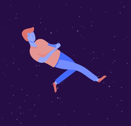 Inspired man flying in space. Character moving and floating in dreams, imagination and inspiration. Flat design style, vector illustration.のイラスト素材