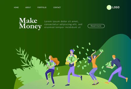 Landing page template Happy people with money, characters in move make money. Business investment, money rain, men and woman run with profit, catch bills. Cartoon style, flat vector illustrationのイラスト素材