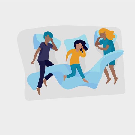 Sleeping children character. Boy and girl sleep in bed together and alone in various poses, different postures during night slumber. Top view. Colorful vector illustrationのイラスト素材
