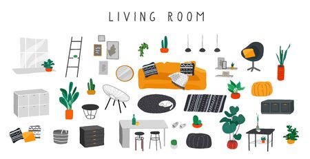 Stylish comfy furniture and modern home decorations bundle in trendy Scandinavian or hygge style. Cozy Interior living rooms or apartments furnished home plants. Flat cartoon vector illustrationのイラスト素材