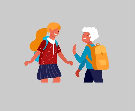 Friends schoolchildren character are laughing and talking. Stylish smiling boys and girls. Friendly group of go in school to study. Colorful cartoon concept vector illustrationのイラスト素材