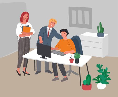 Office Interior With Workers Communicating Or Talking To Client Or