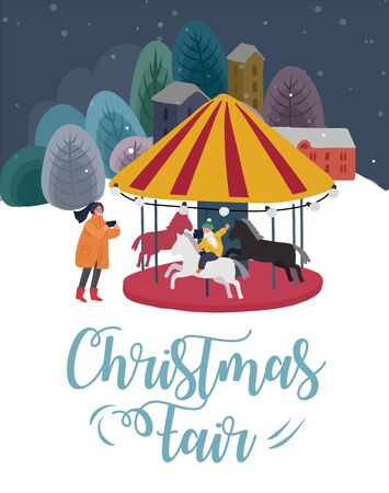 Christmas and New Year holiday fair with happy family on winter city. Mother takes photo of her child daughter riding a pony carousel. Winter festive Vector cartoon illustrationのイラスト素材
