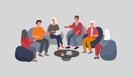 Office or coworking workers sitting at desks and communicating, teamwork meeting. Successful team gathering. Group of young trendy people, startup company. Vector cartoon conceptのイラスト素材