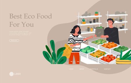 Landing page template with Girl grocery shopping healthy green eco food in a store or market. Daily life and everyday routine scene by young woman in scandinavian style cozy interior. Cartoon vector illustrationのイラスト素材
