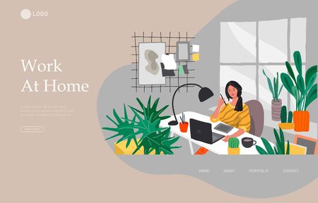 Landing page template with Freelancer designer girl working in nordic style home office with cat. Daily life and everyday routine scene by young woman in scandinavian style cozy interior. Cartoon vector illustration.のイラスト素材