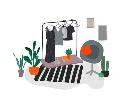 Scandinavian or Nordic style living room interior. Hand drawing. Wardrobe in scandinavian, style cozy interior with homeplants. Cartoon vectorのイラスト素材