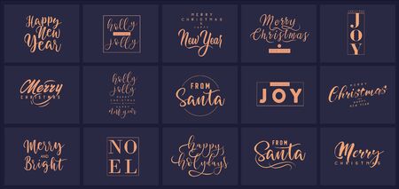 Merry Christmas and happy New Year set with lettering typographic compositions for the poster and greeting card. Calligraphy for winter holiday. Vector illustrationのイラスト素材