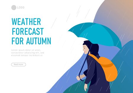 Landing page template for weather forecast. Various stylish people character go on street under umbrellas in warm clothes. Autumn or spring rainy weather. Colored trendy cartoon vector illustrationのイラスト素材