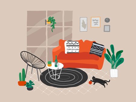 Scandinavian or Nordic style living room interior. Hand drawing Scandinavian style cozy interior with houseplants. Cartoon vector illustration.のイラスト素材