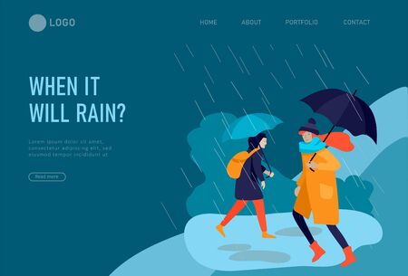 Landing page template for weather forecast. Various stylish people character go on street under umbrellas in warm clothes. Autumn or spring rainy weather. Colored trendy cartoon vector illustrationのイラスト素材