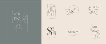 Logo design template in trendy linear minimal style. Vector abstract hands. Abstract symbol for organic products, beauty cosmetics, jewellery and hand crafted.のイラスト素材