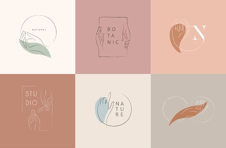 design template in trendy linear minimal style. Vector abstract hands. Abstract symbol for organic products, beauty cosmetics, jewellery and hand crafted.のイラスト素材
