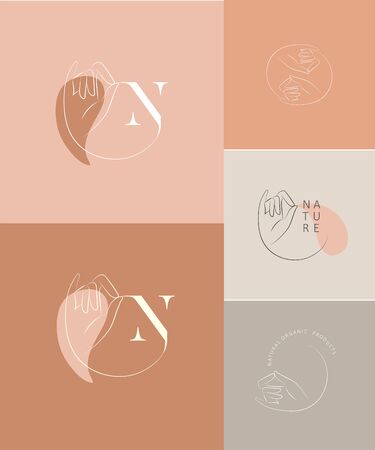 design template in trendy linear minimal style. Vector abstract hands. Abstract symbol for organic products, beauty cosmetics, jewellery and hand crafted.のイラスト素材
