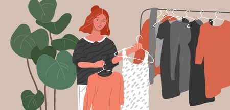 Fashion stylist woman in scandinavian interior creating choice trendy clothers or outfit. Cartoon vector illustrationのイラスト素材