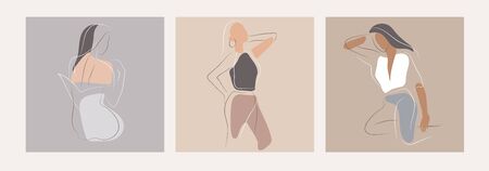 Feminine concept design template and illustration. Woman in minimal linear style Fashion illustration by femininity, beauty and modern art. Abstract poster and t-shirt print Vector illustrationのイラスト素材